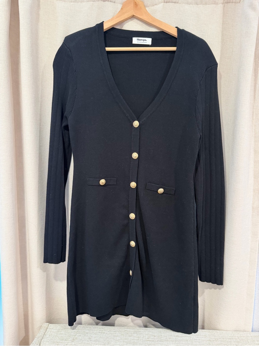 Showpo. Black Long-Sleeve V-Neck Button-Front Knit Dress